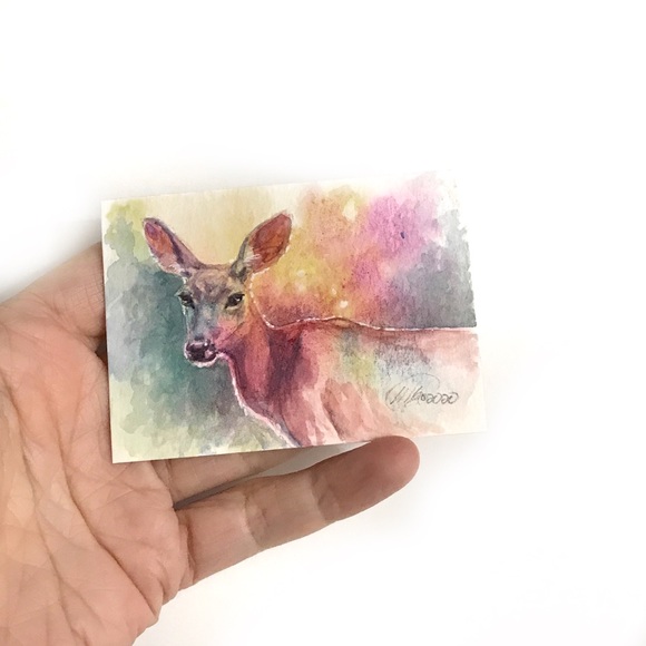 ⭕️ SOLD ACEO Original Painting deer doe wildlife - Picture 2 of 7